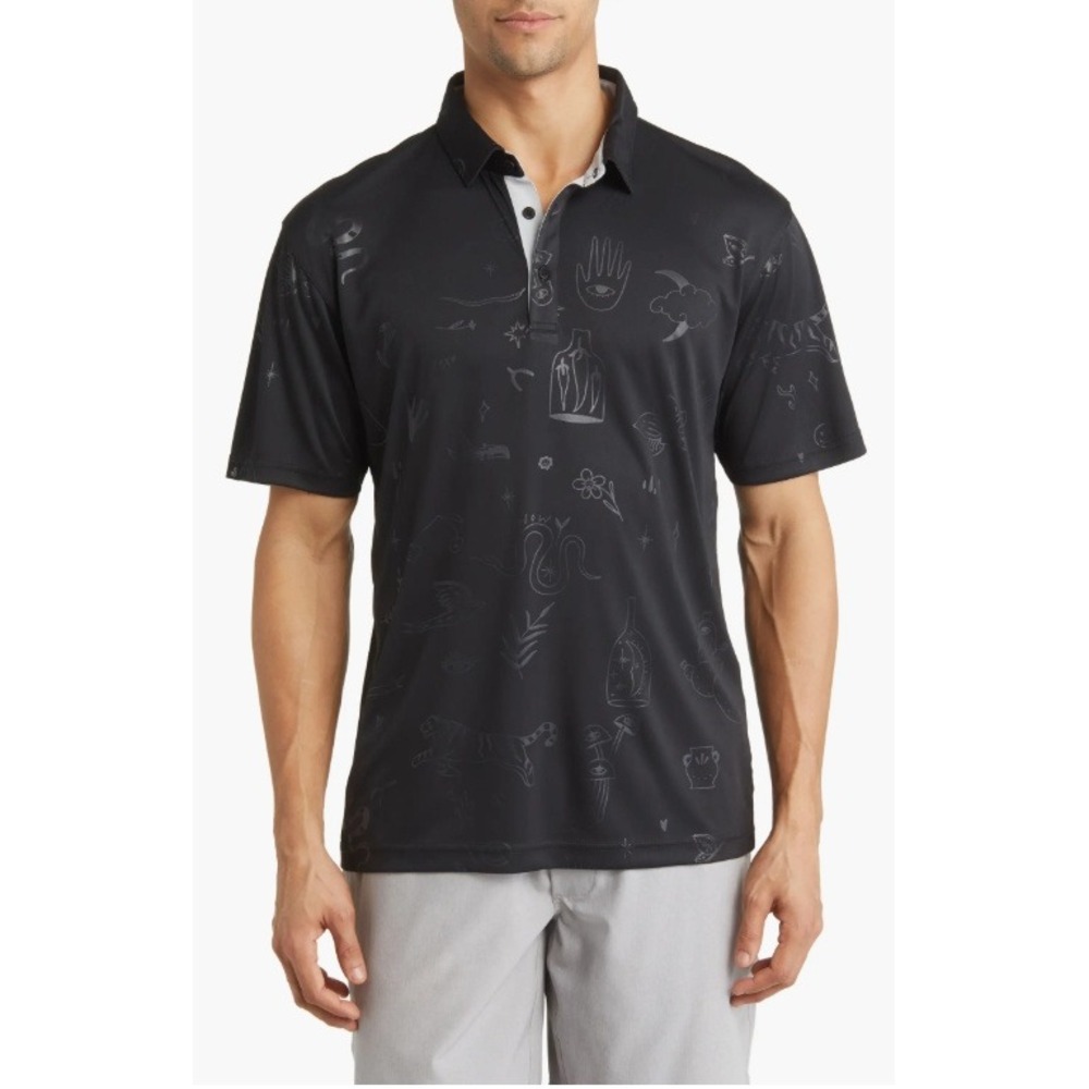 Swannies Brock Doodle Print Piqué Performance Golf Polo Shirt Large Black Tattoo